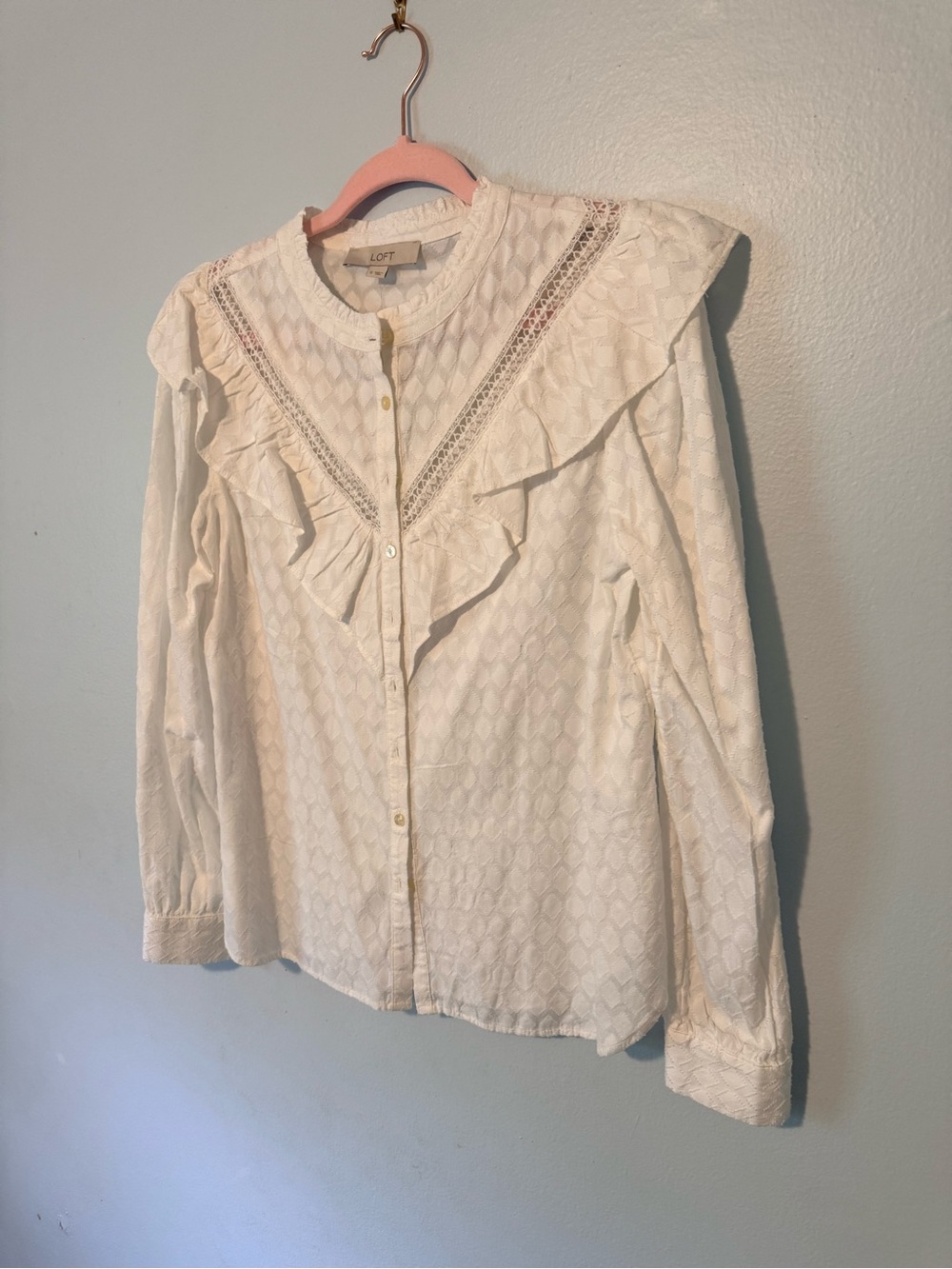 NWT LOFT White Ruffled Lace-Trim Button-Down Blouse Size S - Picture 6 of 9